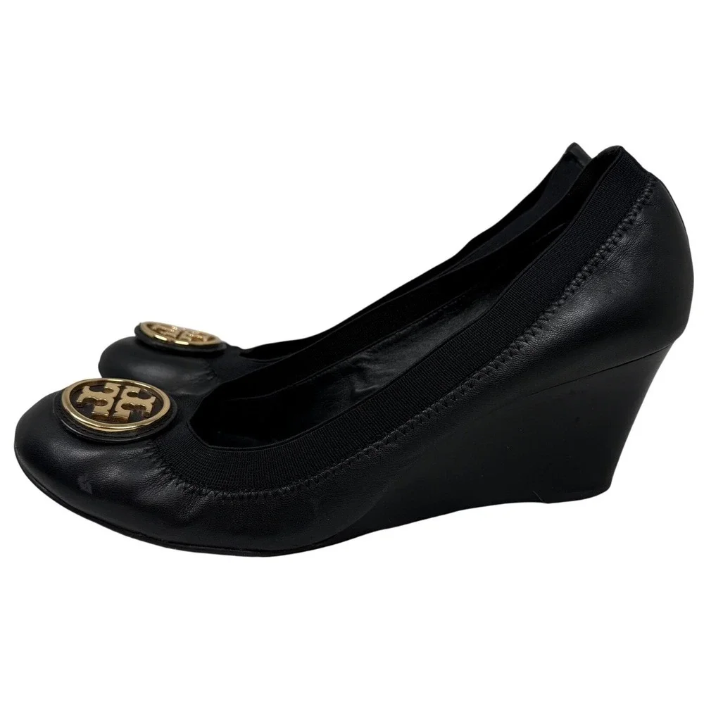 TORY BURCH Black Leather Caroline Wedge Pumps, Size 10